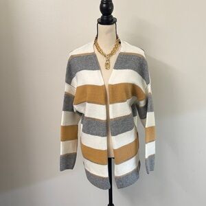 Cozy Casual Striped Cardigan in Gray, White, and Gold - NWT